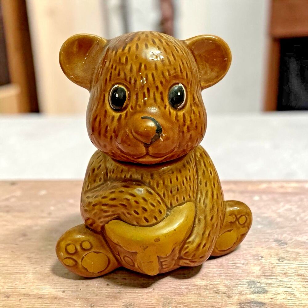 Vintage Ceramic Honey Bear Lidded Jar Brown Teddy Bear Holding Pot 5" Kitsch